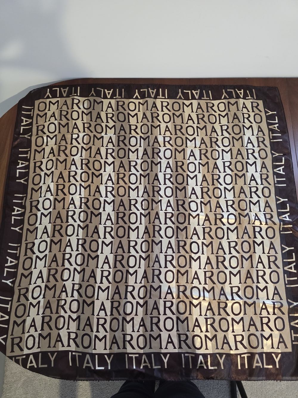 Roma Italy Brown & Cream Logo Square Scarf, Silky Smooth, Excellent Condition